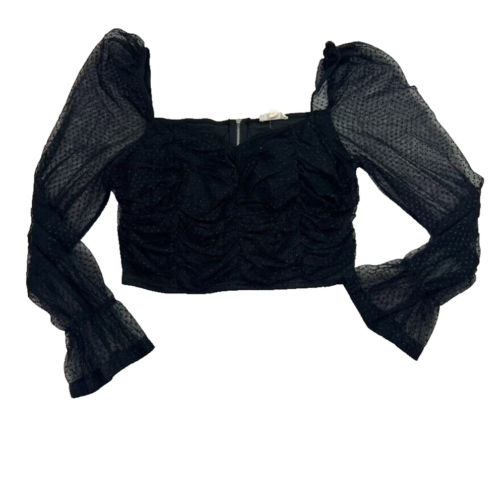 Chocolate USA Top Womens Medium Ruched Crop Sweetheart Neck Mesh Bell Sleeve